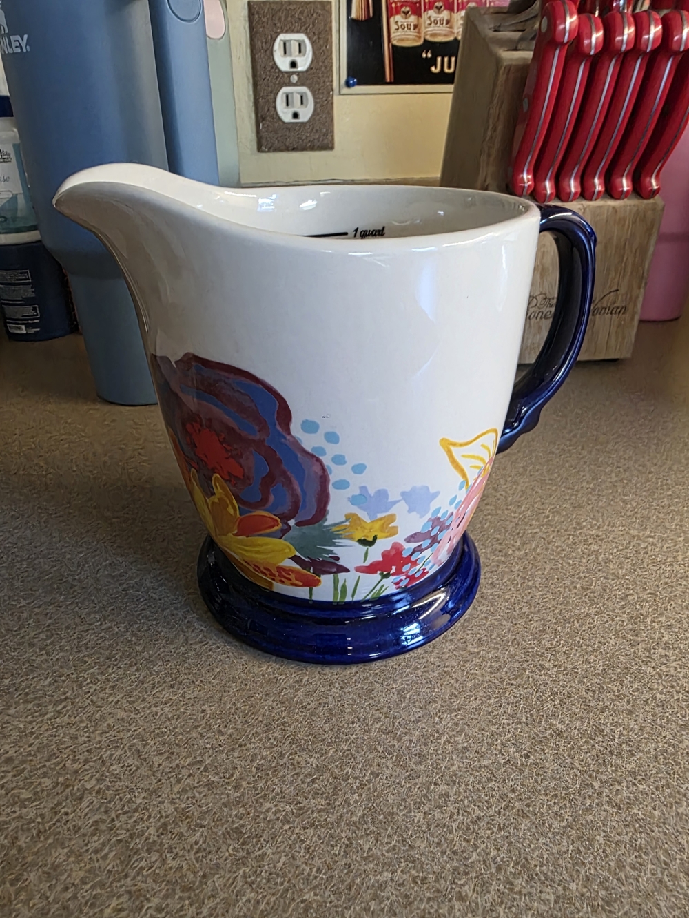 The Pioneer Woman White Ceramic Pitcher with Blue Handle and Base